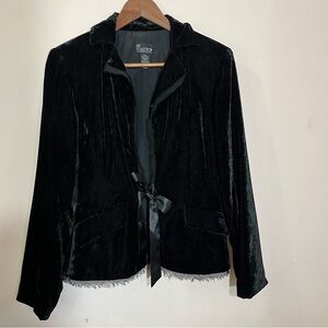 NY Collection sz medium black velvet tie front blazer with fringe trim